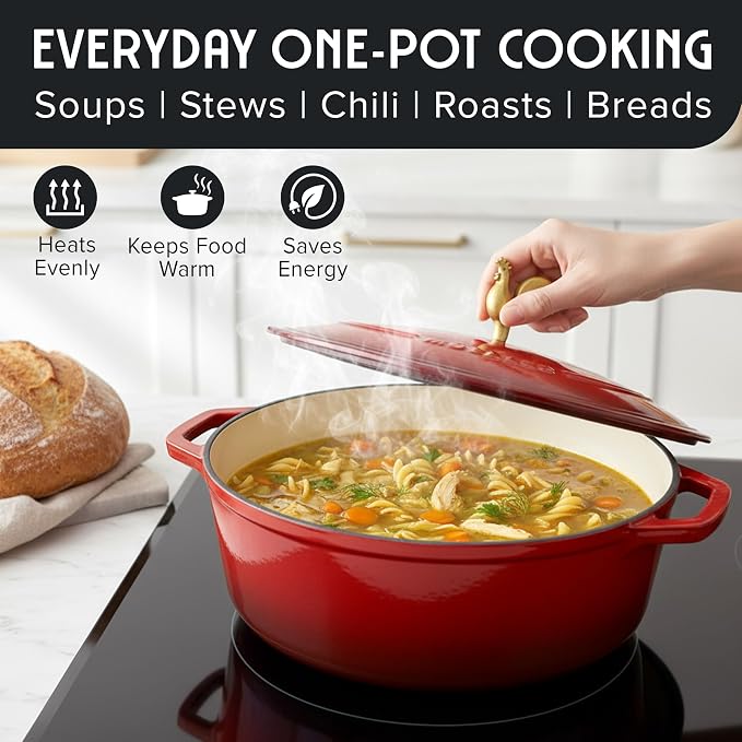MUELLER HOME 5.5 Quart Enameled Cast Iron Oval Dutch Oven w Rooster Knob & Cotton Potholders, Heavy-Duty Cookware, Oven-Safe up to 500° F & Across All Cooktops, Gifts for Grandma & Women, Red | w Rooster Knob & Cotton Potholders, Heavy-Duty Cookware, O...
