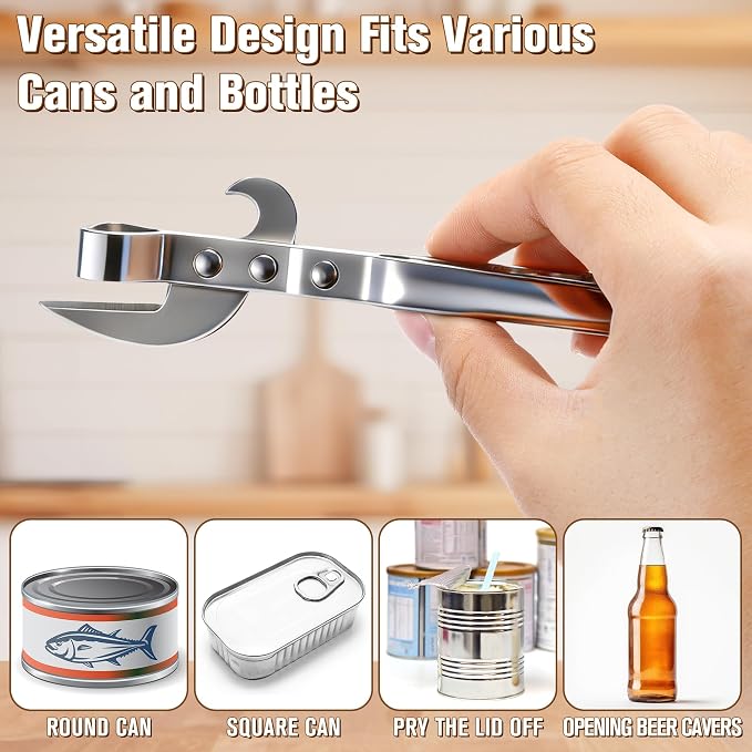 2 Pack 3 in 1 Can Openers, Vintage Can Opener with Dual Sided Blade, Left & Right Hand Friendly, Heavy Duty Stainless Steel Old Fashioned CanOpener, One for Kitchen, One for Camping