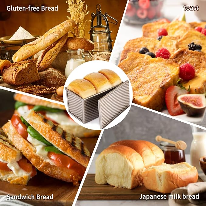 PADELE 2 Pack Pullman Loaf Pan with Lid, 13x4 & 9x4 inch (2.2 lb & 1 lb Dough Capacity), Non-Stick Sandwich Bread Loaf Pan for Homemade Baking Bread, Gold