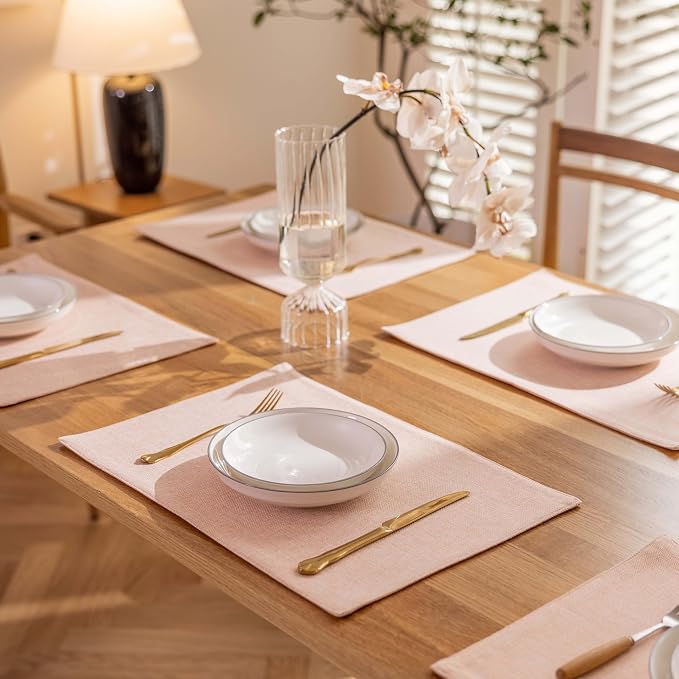 Demetex Pink Placemats Set of 4 Heat Resistant Linen Plate Mats Washable Cloth Place Mats for Dining Tables Restaurants, 13 x 19 inches, Pink