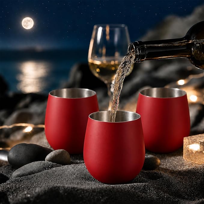 K&K Home Stainless Steel Unbreakable Stemless Wine Glasses - 15 oz - Set of 4 Colored, Stemless Metal Wine Glasses Perfect for Outdoors, Weddings, and Parties (Red)