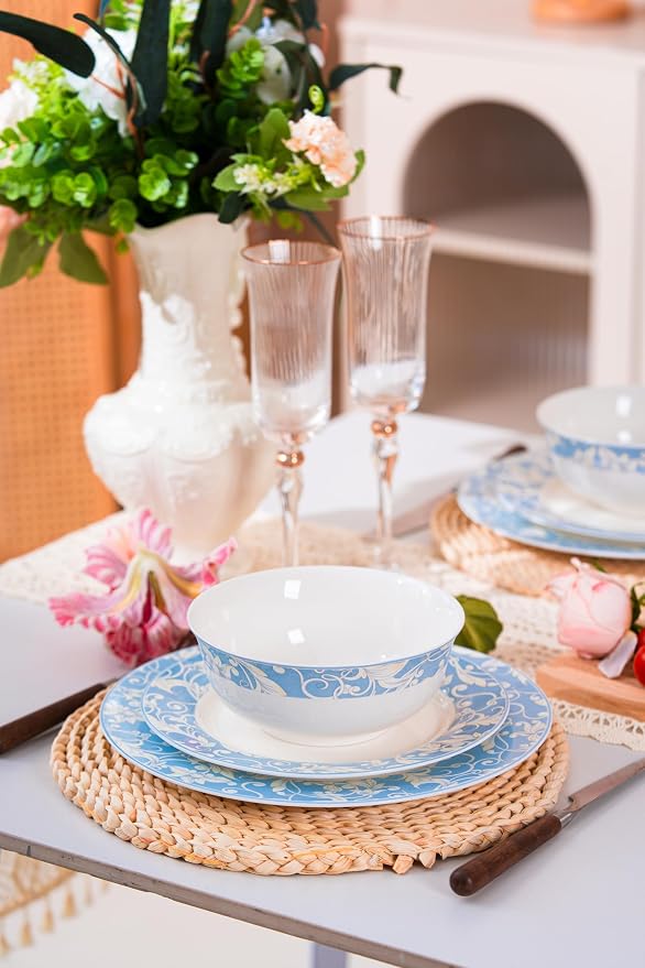 FHGNYSM 12-Piece Porelain Dinnerware Set, Light Blue | 12-Piece Plates and Bowels set, Vitage Scroll Pattern, Elegant Classic Kitchen Dish Set for Wedding, Party & Everyday Use