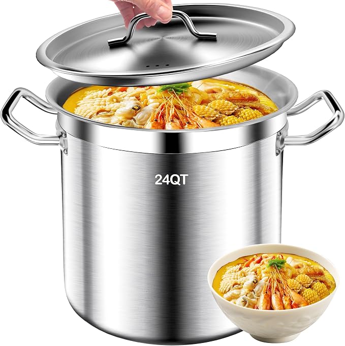 Large Stock Pot - 24QT Stainless Steel Stockpot with Lid, Heavy Duty Tri-Ply Bottom Commercial Grade Soup Pot for Cooking Soup, Stew, Pasta, Oven, Gas, Ceramic, Dishwasher Safe