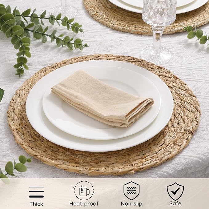 12 Pack 15IN Round Woven Placemats, Natural Bulrush Boho Farmhouse Mats | Heavy-duty hand-woven wicker mats for dining table, kitchen, patio BBQ, garden party. Flat-packed storage box. Rustic decor.