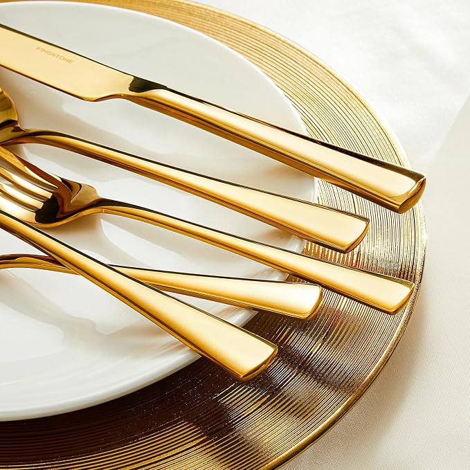 18/10 Flatware set for 8, 40 Piece Gold Stainless Steel Silverware Set | KINGSTONE Forged Flatware Cutlery Set, Mirror Polished Knives Fork and Spoon Utensils, Dishwaher Safe for Home Wedding Party