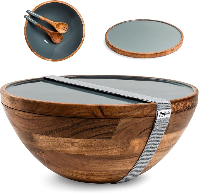 Large Wooden Salad Bowl Set 12.5 Inch with Serving Utensils, Tray Lid and Carry Strap. Acacia Wood Large Salad Bowls Ideal for Fruits and Dishes, Wooden Bowls for Food, Serving and Fruit Bowl