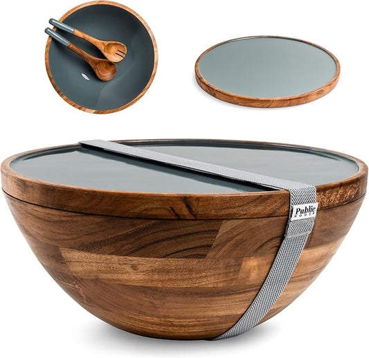Large Wooden Salad Bowl Set 12.5 Inch with Serving Utensils, Tray Lid and Carry Strap. Acacia Wood Large Salad Bowls Ideal for Fruits and Dishes, Wooden Bowls for Food, Serving and Fruit Bowl