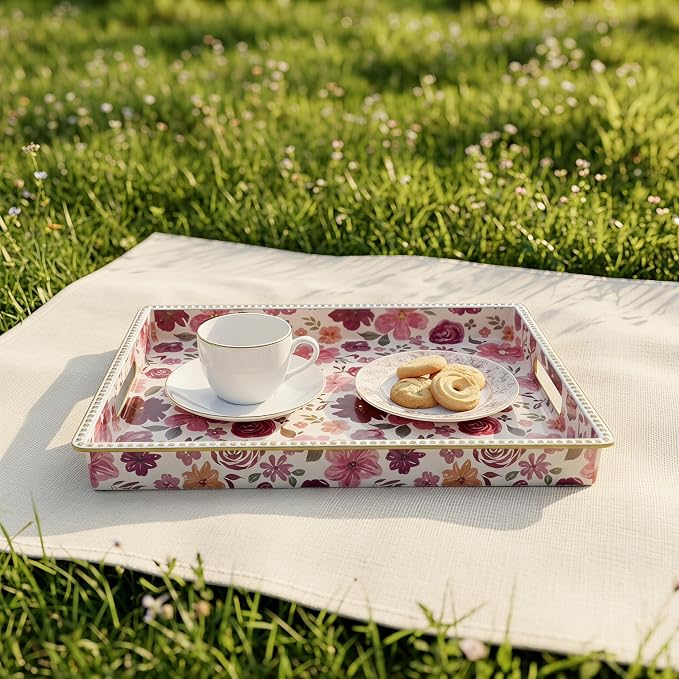 Rectangular Plastic Serving Tray with Handles, Burgundy Watercolor Floral Print with Gold Rim, Vintage Tray for Breakfast, Coffee, Tea, Home Decoration and Party, 15.7" x 11.8" x 1.57"