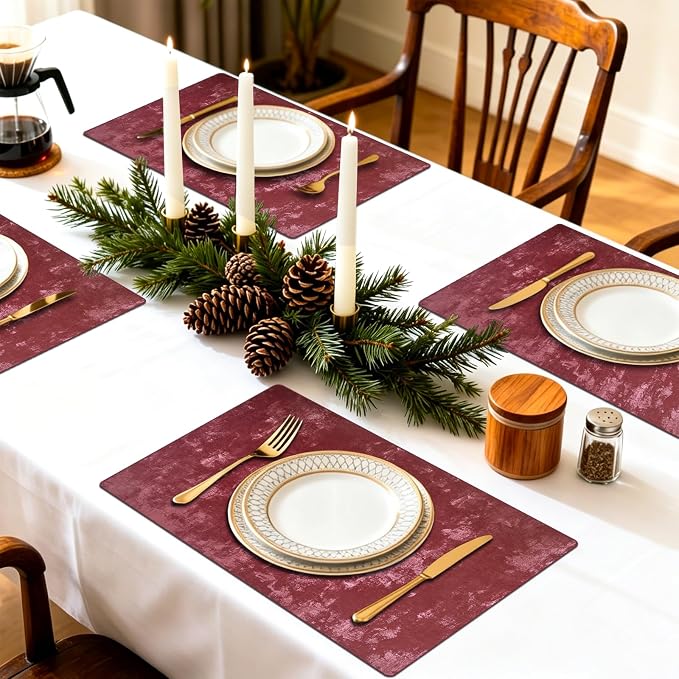 Faux Leather Placemats Set of 4, 11.8"x17.7", Burgundy | Reversible Table Mats, Waterproof, Stain & Heat Resistant, Easy Clean for Dining, Gatherings, Outdoor