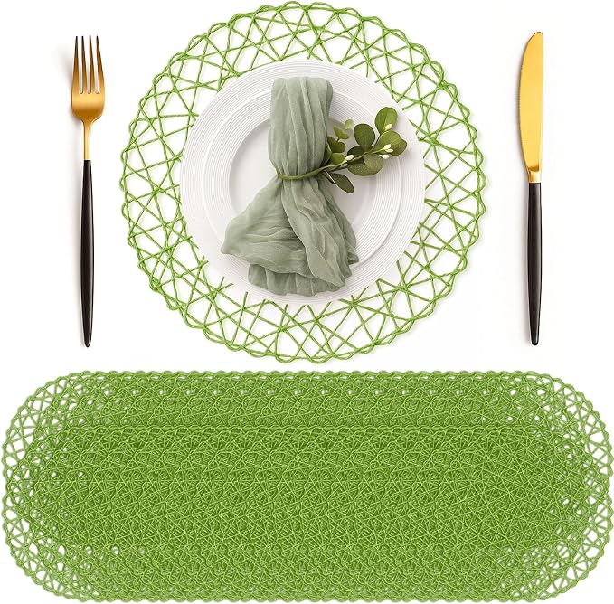 Geosar Round Woven Placemats Bulk Rustic Paper Braided Placemats Boho Natural Non Slip Heat Resistant Table Mats for Wedding Party, Dinner Table Centerpiece Decoration, 13 Inch (Green,24 Pcs)