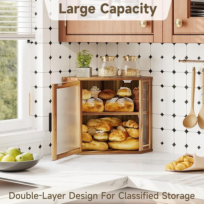 Corner Bread Box,Vintage Acacia Wood Bread box for Kitchen Countertop | Double Layer Large Capacity Wooden Bread Storage Bin, Adjustable Height