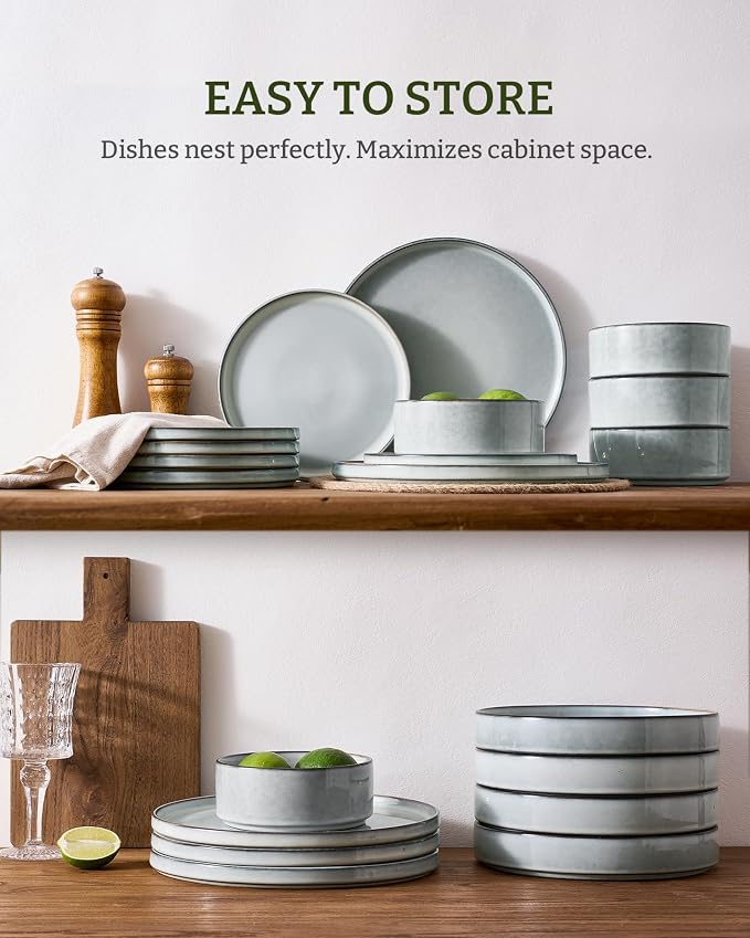 Famiware Annecy 12-Piece Stoneware Dinnerware Set, Grey Blue | Stoneware Plates and Bowls for 4, Handmade Reactive Glaze, Microwave & Dishwasher Safe, Chip & Scratch Resistant