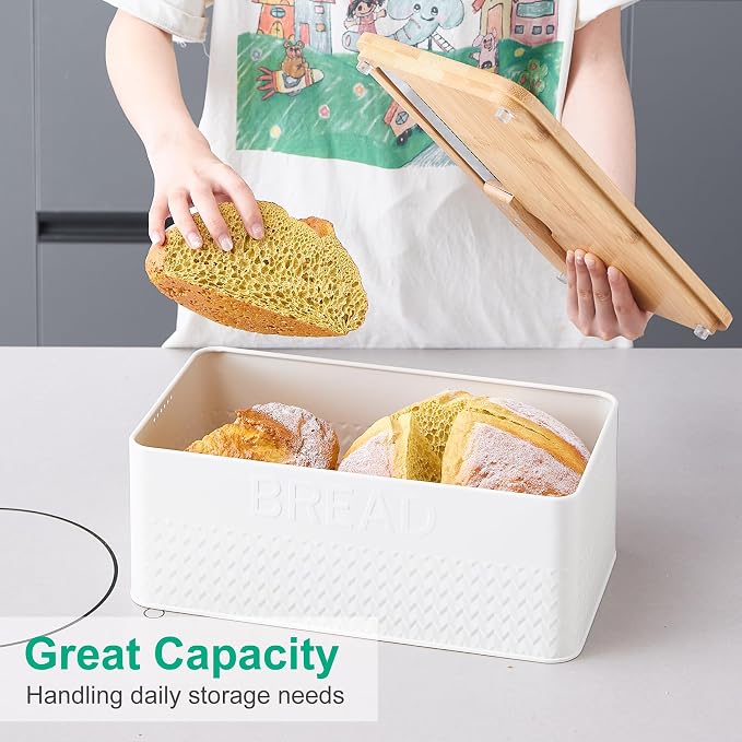 kiplant Bread Box for Kitchen Countertop, Large Bread Storage Container with Bamboo Lid, Iron Farmhouse Bread Box for Your House, White