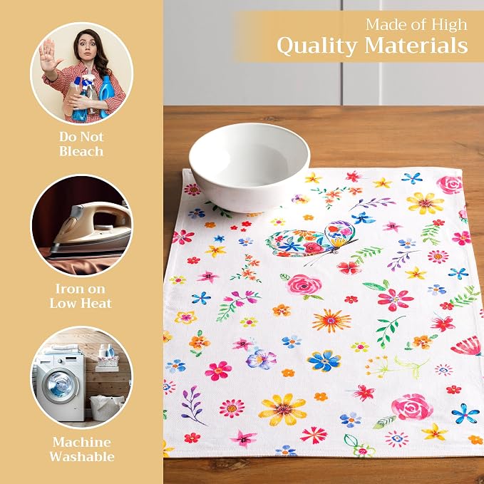 Maison d' Hermine Placemats Set of 4 Reusable 100% Cotton (13"x19") | Cloth Place Mats Washable Table Mats for Kitchen Dining Party Home Restaurant Spring Summer - Happy Florals - Sweety