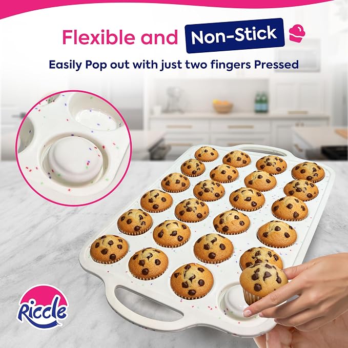 2 Pack Silicone Mini Muffin Pan with Metal Reinforced Frame, 24-Cup Mini Cupcake Pans, Mini Muffin Silicone Molds, Silicone Muffin Pans for Baking - Oven & Dishwasher Safe, BPA-Free