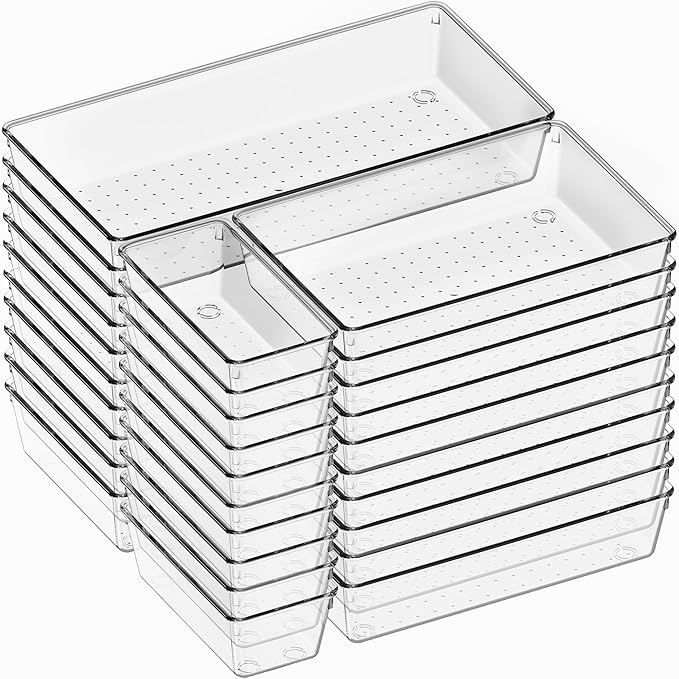 30 Pack Large Clear Plastic Drawer Organizer Bins - Acrylic Kitchen Drawer Organization and Storage Dividers for Utensils Gadgets, Office Bathroom and Vanity Organizer for Makeup Accessoires