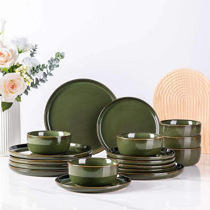 AmorArc Stoneware Dinnerware Sets for 8, 24Pcs Plates and Bowls Sets Dishes | Ceramic Round Reactive Glaze Dishes Set, Highly Scratch Resistant | Dishwasher & Microwave Safe Dishware