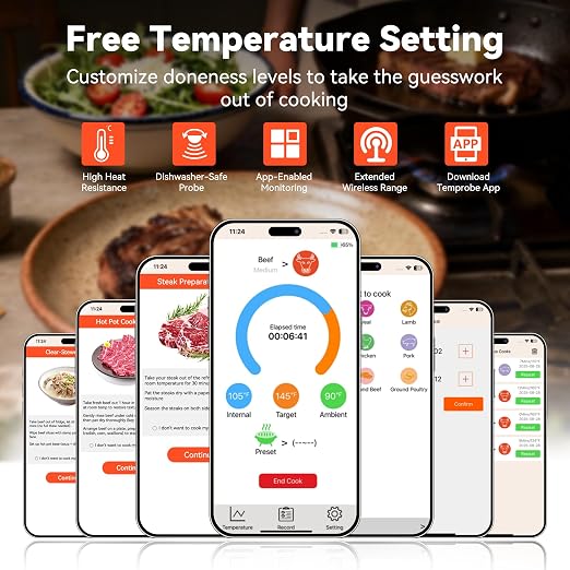 TechRise Bluetooth Wireless Meat Thermometer with APP,Wireless Meat Thermometer Digital for Oven,Smoker,Air Fryer,Kitchen Cooking,Instant Read Digital Probe with Alarm, Long Range,Rechargeable,Black
