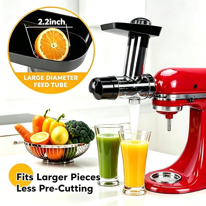 Juicer Attachment for Kitchen aid Stand Mixers, Large Feed Chute | Masticating Juicer for apples,oranges,red beet,celery,carrots, leafy greens with high yield, easy disassembly and hand-wash