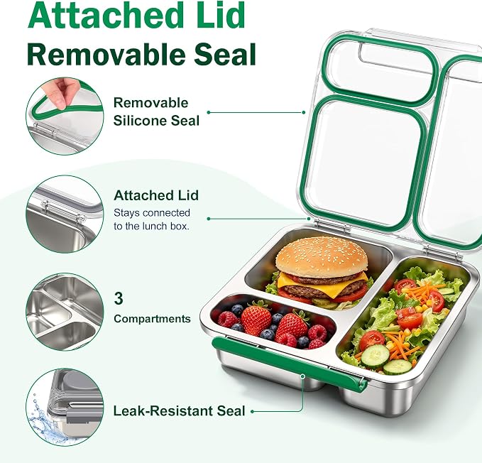 Pawtong Stainless Steel Bento Box Kids Adult with 7oz Insulated Food Jar, Transparent Lid Metal Lunch Box With Soup Thermal Jar, Lunch Box Container with Removable Divider & Sauce Cup School (Green)
