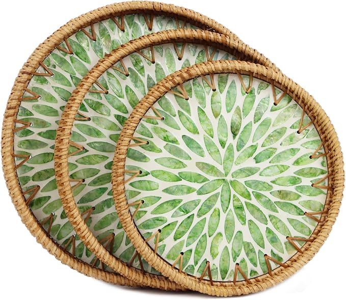 Round Rattan Serving Trays with Mother of Pearl Inlay, Set of 3, Green | Coffee Table Trays, Decorative Wicker Trays, Bread and Fruit Display, Ottoman Tray Set, Leaf Pattern