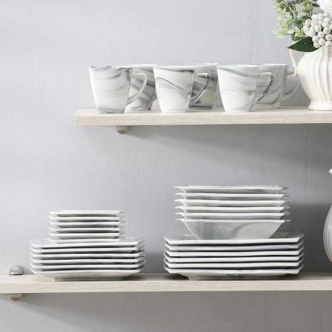 MALACASA Dinnerware Sets, 30 Piece Porcelain Plates and Bowls Sets for 6, Square Dish Set with Dinner Plates Set, Cup and Saucer, Modern Dishware Dishes Microwave Safe, Marble Grey, Series Blance | Complete with Plates, Bowls, Cups, Saucers, Microwave ...