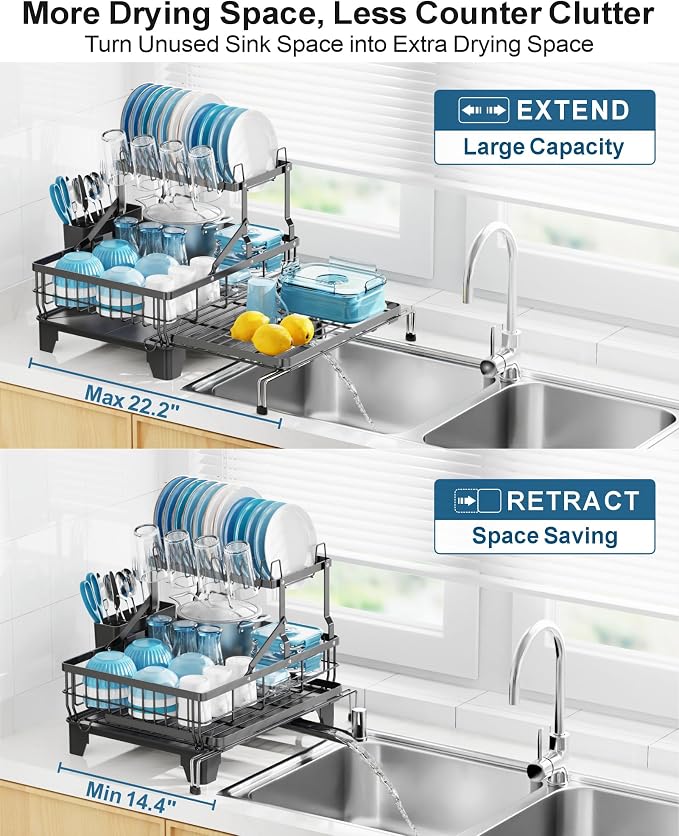 Large 2 Tier Dish Drying Rack - Expandable Over Sink & Counter Use | Extendable Drying Space, Auto-Drain Spout, Stable Screw-Fixed Frame, Cup & Utensil Holder, Rust-Resistant Kitchen Rack, Black