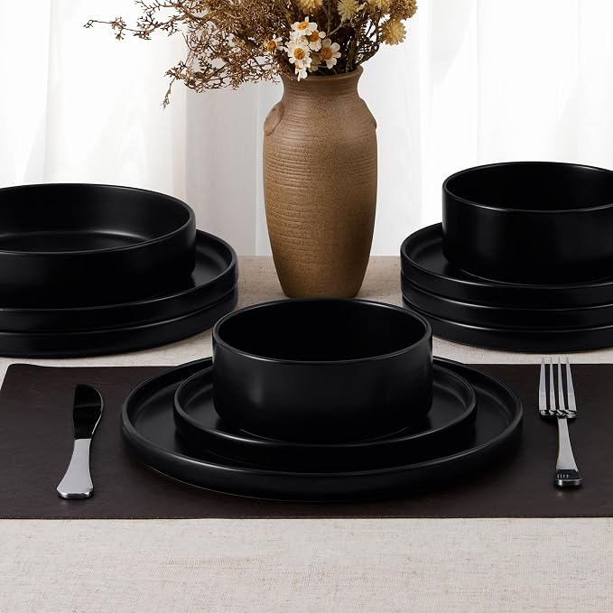 E-far Black Dinnerware Sets for 8, 24-Piece Stoneware Plates and Bowls Sets | Modern Kitchen Dining Dishware, Chip and Scratch Resistant, Microwave & Dishwasher Safe, Matte Black