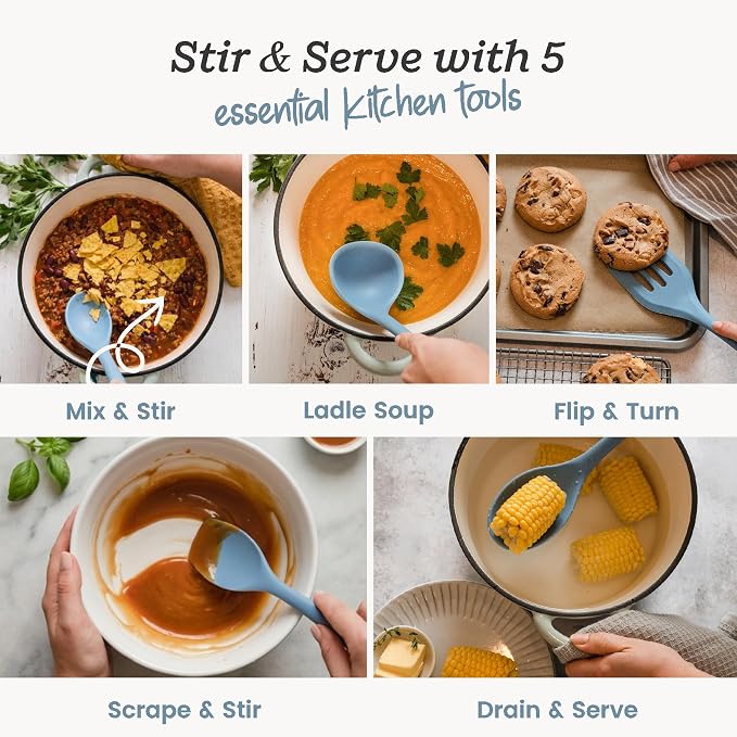 Starpack Stir and Serve Silicone Cooking Utensils Set (5-Piece, 11") - LFGB Non Toxic, 600°F Heat Resistant, BPA-Free - One-Piece Seamless, Dishwasher Safe - for Nonstick Cookware, Light Blue