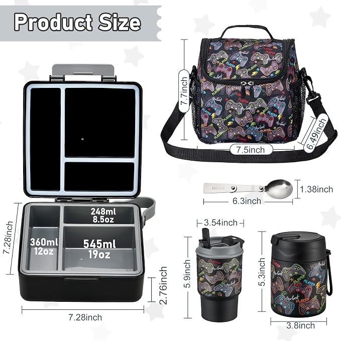 Bento Lunch Box for Kids with 17oz Soup Thermo,Insulated Tumbler Water Bottle and Insulated Lunch Bag,Leak-Proof 3 Compartment Lunch Food Container with Ice Pack for Kids to School-Game Console