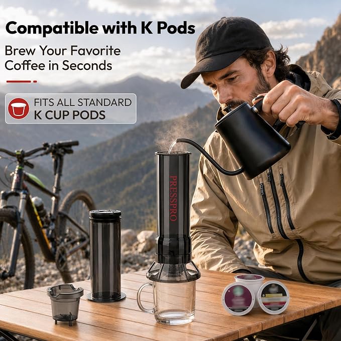 Camping French Press - Portable Coffee Maker for K Cup Pods and Grounds | Mini Coffee Press with No Grit Filter,Paper-Free Brewing,Less Bitterness & More Flavor,Camping Essentials,Hiking or Travel