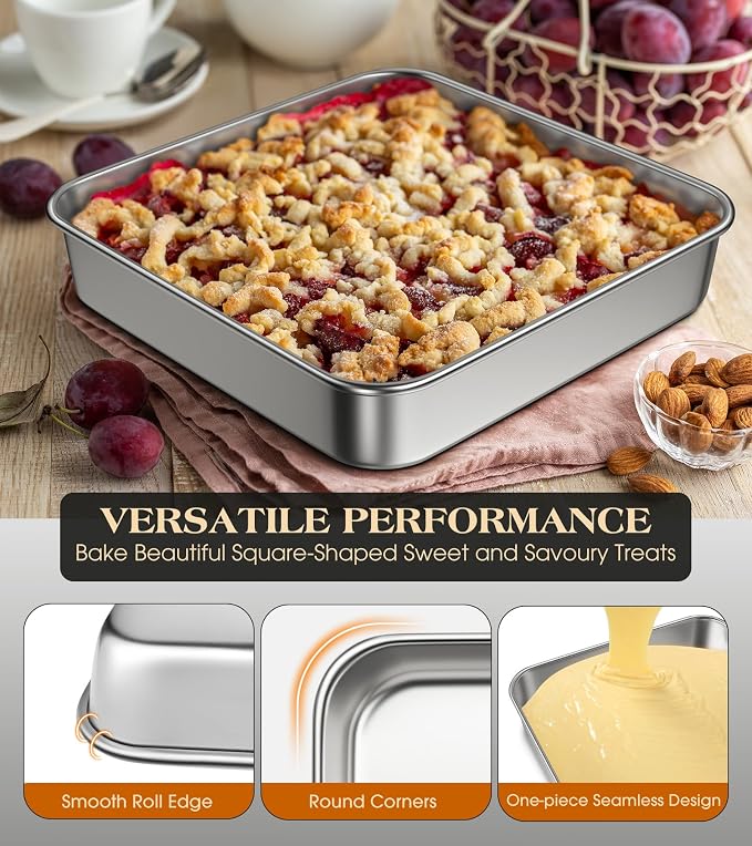 8 x 8-Inch Baking Pan with lid, 304 Stainless Steel Square Cake Pan, Commercial Grade Bakeware for Cakes Brownies Casseroles, Thicker Rectangle Sheet Cake Pans, Non-toxic & Heavy Duty &Dishwasher Safe
