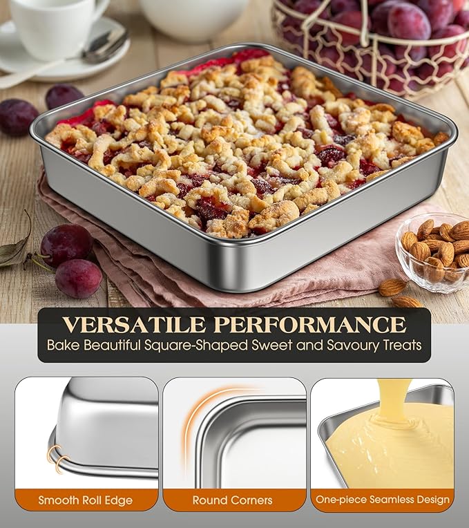 8 x 8-Inch Baking Pan, 304 Stainless Steel Square Cake Pan, Commercial Grade Bakeware for Cakes Brownies Casseroles, Thicker Rectangle Sheet Cake Pans, Non-toxic & Heavy Duty &Dishwasher Safe