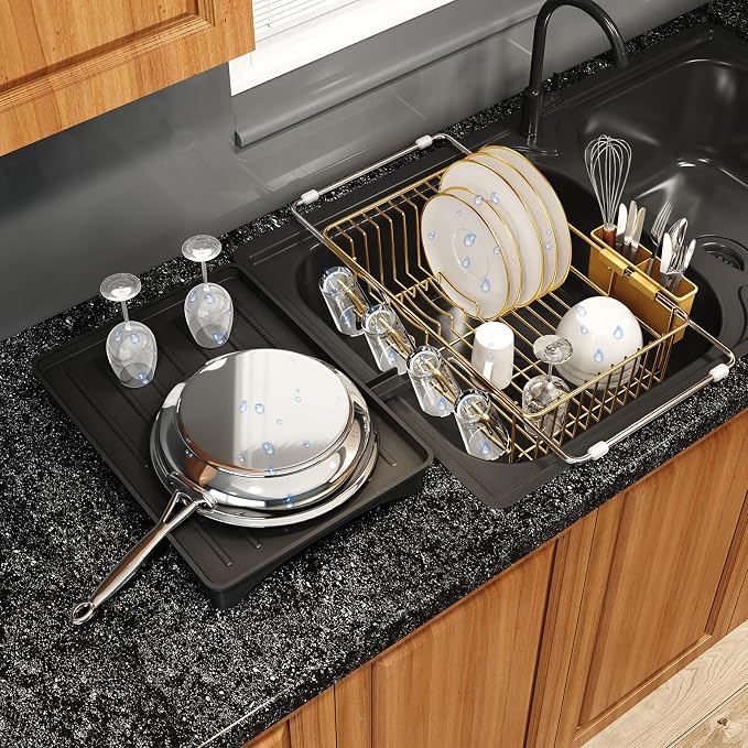 Gold Dish Drying Rack Over Sink with Utensil Holder, Drainboard | Expandable Stainless Steel Dish Drainer for Small Kitchen, Apartment, RV, Counter Space Saving, Perfect Fit, Rustproof