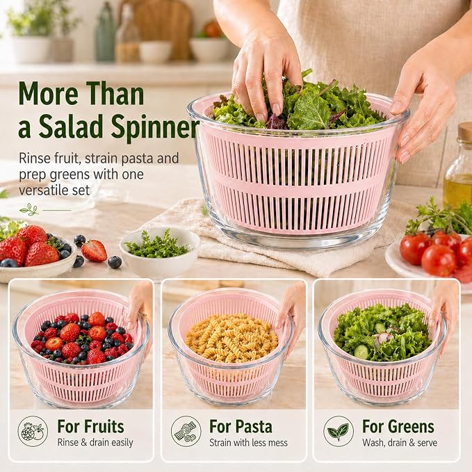 Glass Salad Spinner 3.2 Qt, Small Salad Spinner, Glass Bowl, Pink | Removable Lid, Storage Lid, Dishwasher-Safe Glass Bowl, Fruit & Vegetable Washer Dryer, Drain Spout, Crank Handle