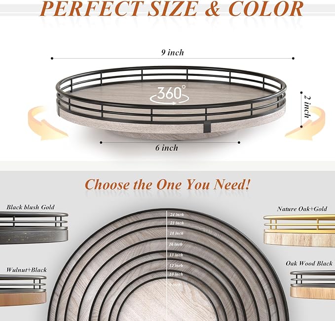 AMH 9-Inch Rustic Whitewashed Wooden Lazy Susan Organizer | Smooth rotating oak tray with walnut finish for dining tables, kitchen counters, pantries and cabinet storage.