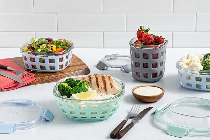 Ello DuraGlass Food Storage Glass Lunch Bowl Container - Meal Prep Container with Silicone Sleeve and Airtight Lid, 5 Cup, Blue | Leakproof glass meal prep salad bowl. BPA-free lid, silicone sleeves, great for meal prepping, food storage, and leftovers.