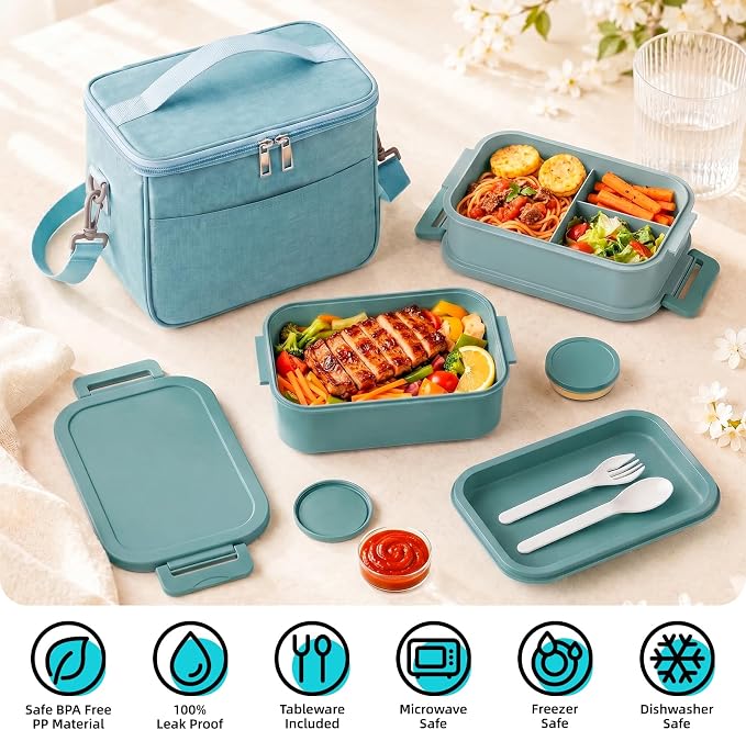 Bento Box Adult Lunch Box - 2130ml Lunchbox for Men Women with Insulated Lunch Bag, Utensils & Sauce Container, Leak Proof Bento Box Reusable Plastic Lunch Containers for Work, Meal Prep, Green