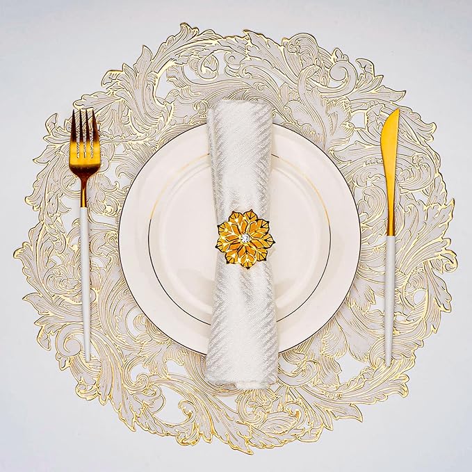 Evevda Gold Placemats Set of 6 Hollow Out Vinyl Dinner Table Mats | Non Slip Washable Place Mats for Dining Tables Kitchen Wedding Party Restaurant Decor