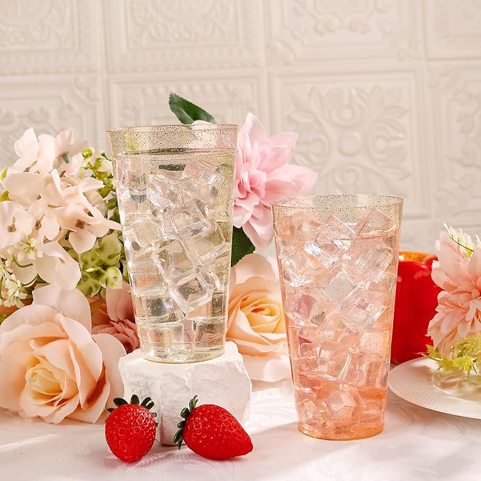 I00000 16 oz Gold Plastic Cups, 100 Pack Gold Glitter Plastic Cups Tumblers Disposable Party Cups Wedding Cups, Heavy-duty Plastic Disposable Cups Ideal for Wedding & Party