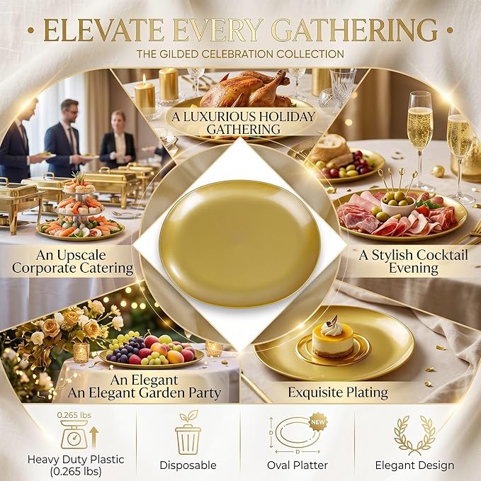 6PCS Gold Serving Platters - 10"x12" Gold Serving Trays - Heavy Duty Oval Plastic Platters for Parties/Birthday/Weddings/Catering/BBQ
