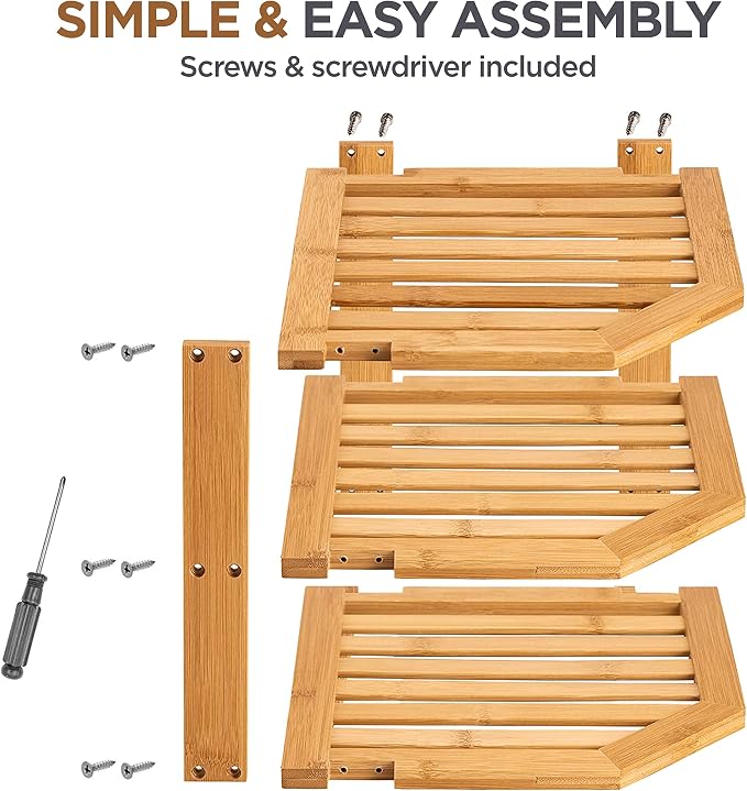 Bamboo Plate Organizer for Cabinet, 3 Tier Corner Shelf Riser, 2 Pack | Holds heavy stacked dishes mugs bowls, non slip feet, tool included easy assembly, kitchen pantry bathroom counter storage
