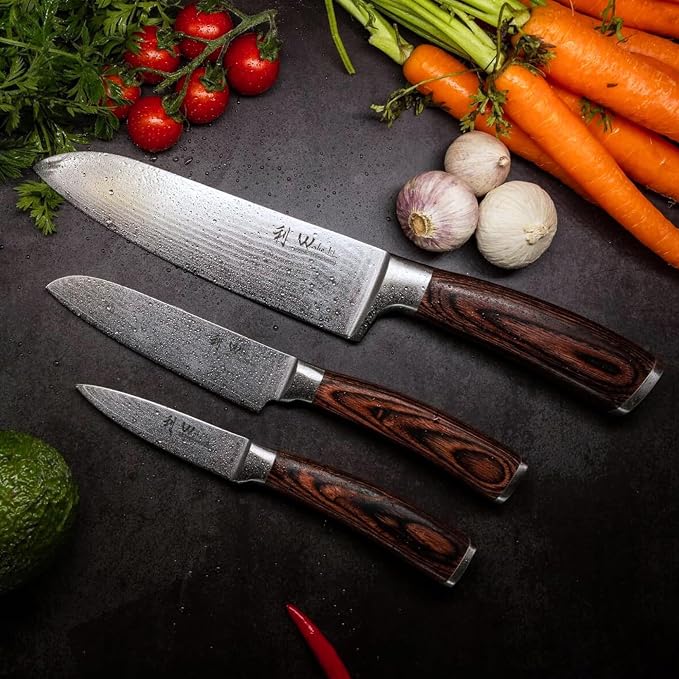 Wakoli EDIB 3-Piece Damascus Kitchen Knife Set in Wooden Gift Box | VG10 Core, 67-Layer Genuine Damascus Steel, 60 ± 2 HRC, Santoku, Utility and Paring Knife, Pakkawood Handles