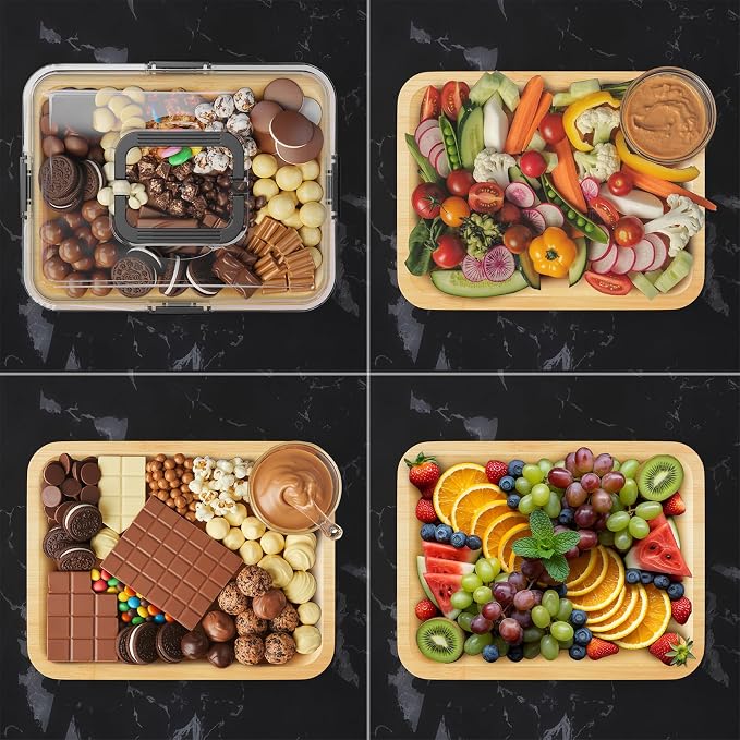 SpaceAid Charcuterie Board with Clear Lid, Portable Travel Cheese Cutting Boards for Picnic Accessories, Bamboo Serving Tray with Lids, House Warming Gifts, Black Handles, 1 Compartments