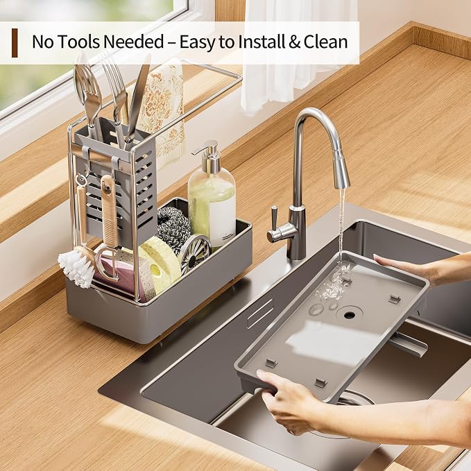 MOUKABAL 2-Tier Sponge Holder for Kitchen Sink, Sink Caddy Organizer Grey | Large Capacity/Rustproof Stainless Steel/360° Rotating Drain Keeps Counter Dry/Holds Sponge & Soap Bottle/Easy-Clean Tray