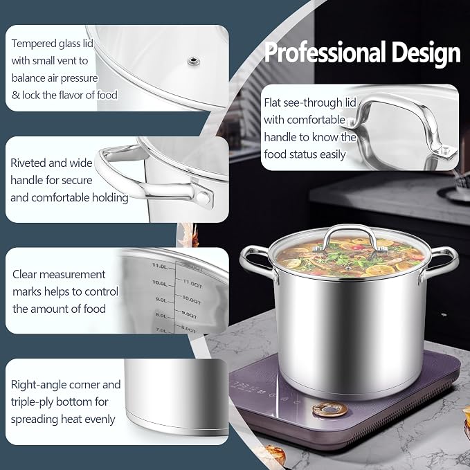 E-far 12 Quart Cooking Stock Pot, Large Stainless Steel Pot for Canning Simmering Stewing, Heavy Duty Cookware with Tri-ply Base for Induction Gas Stoves, Soup Pots with Glass Lid, Dishwasher Safe