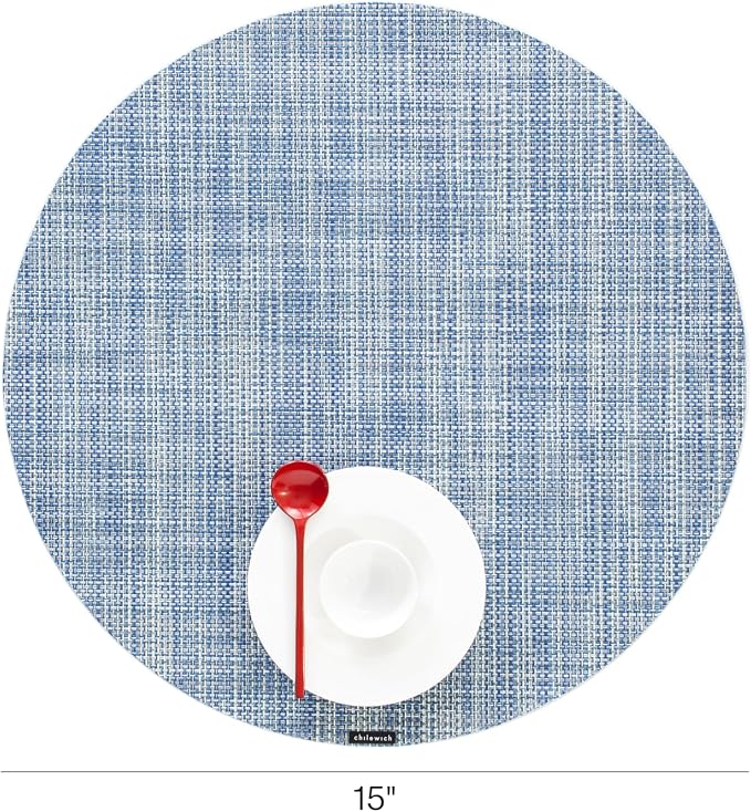 Chilewich Mini Basketweave Placemats, Round Woven Placemats Set of 4 | Reusable, Stain-Resistant, Indoor/Outdoor Tabletop Protection, Chambray, 15" Round