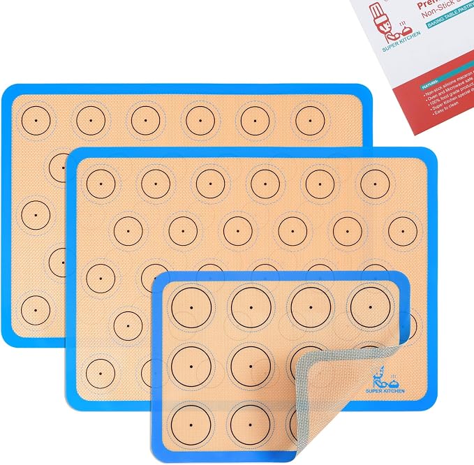 Silicone Macaron Baking Mat Sheet Set of 3-2 Half Sheet 1 Quarter Sheet | Non Stick Silicon Oven Liner For Macaroons and Cookies, By Folksy Super Kitchen (16.5x11.6, Blue)