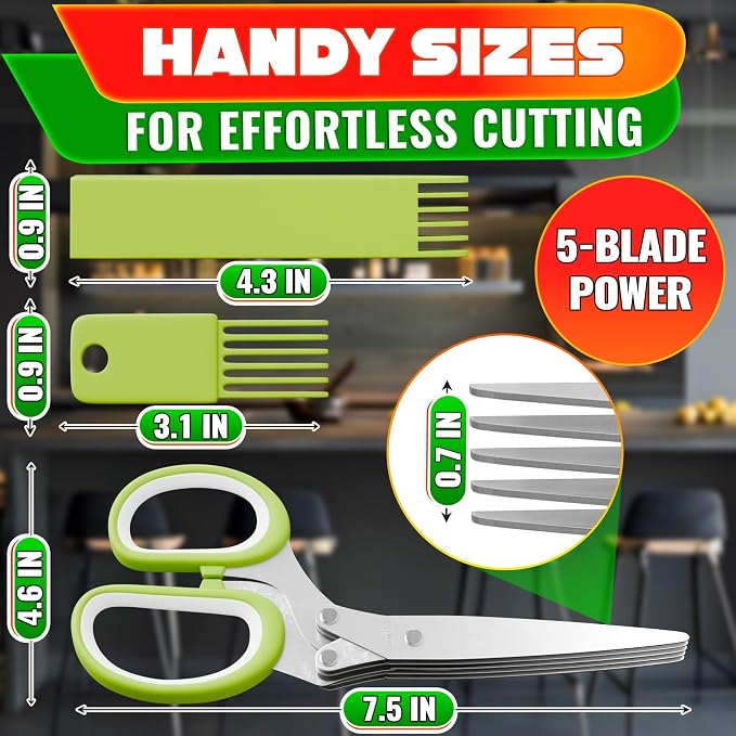 Herb Scissors with 5 Blades and Cover, Cleaning Brush, Even Cuts | Cilantro Cutter for Kitchen, Stainless Steel with Non-Slip Handle; Green Onion Scissors for Parsley, Salads and Greens