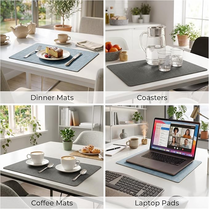 Romanstile Vinyl Placemats Set of 4, Reversible Faux Leather Heat Resistant Wipeable Table Mats, Waterproof Washable Non-Slip Table Placemats for Dining/Kitchen/Outdoor (Grey Sky Blue, 12" x 17")